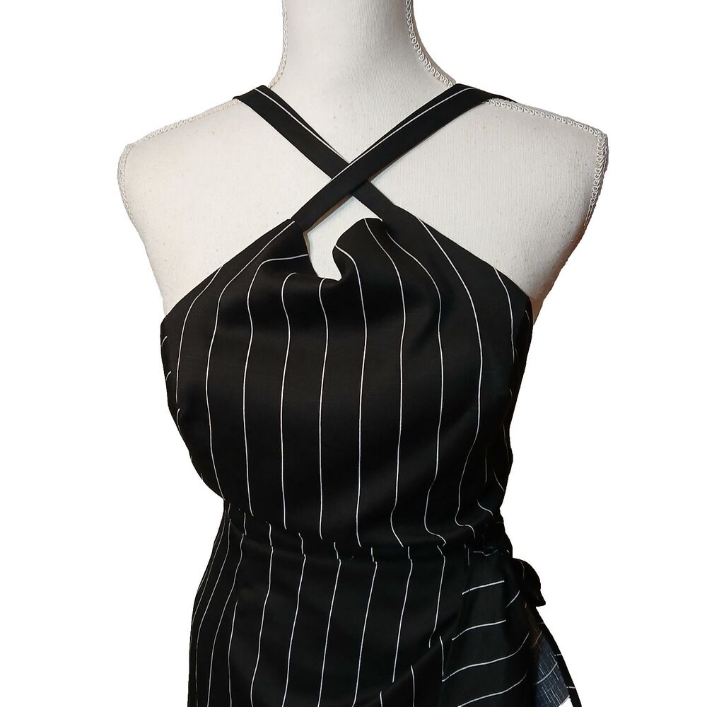 Lush Black White Pinstripe Open Back Criss Cross Shoulder Cutout Party Dress Med - Picture 2 of 13